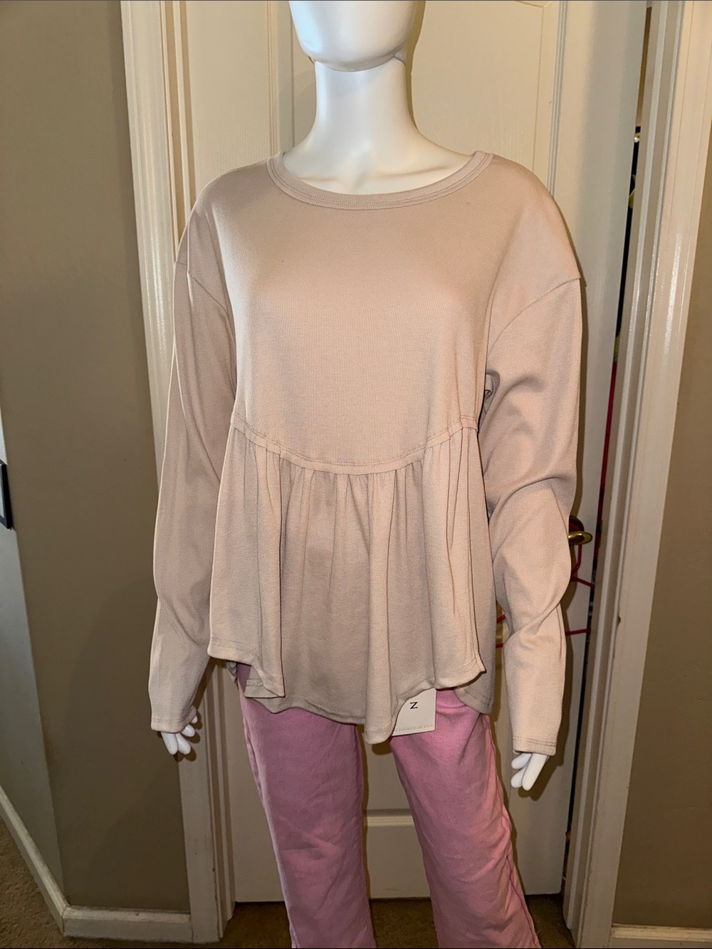 Relaxed Peplum Long-Sleeve Top in Light Beige